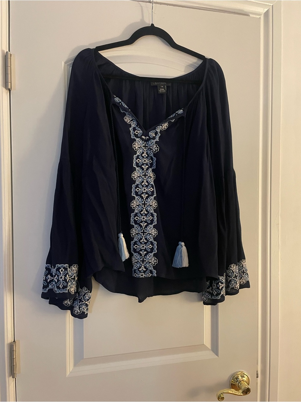 NWT KAREN KANE Navy Embroidered Boho Peasant Blouse with Tassels